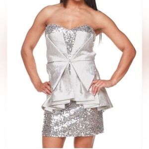Badgley Mischka Mark & James Mini Dress Silver Sequin Peplum Strapless Size 6